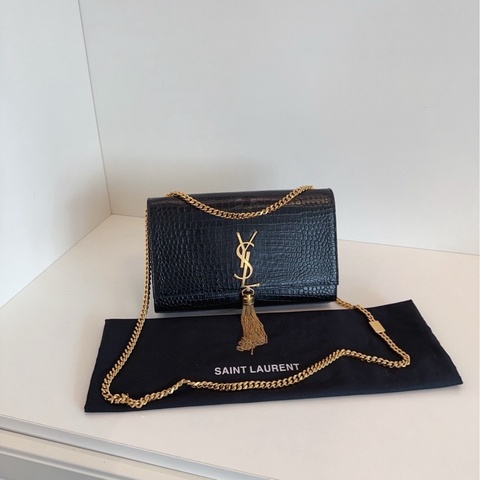 【99新閒置🆕】YSL  Kate 黑金 流蘇鰐魚壓紋鏈條包 中號