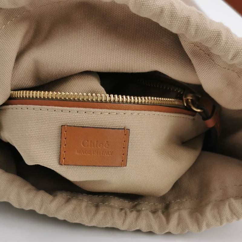 Chloe Roy牛皮帆布Logo壓紋穿孔圓環斜挎包單肩包-7