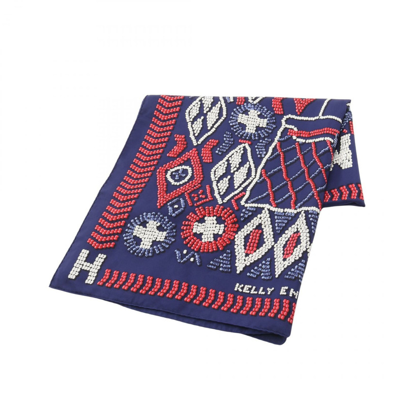 愛馬仕 (HERMES) Carre 140 KELLY EN PERLES 絲巾披肩,海軍藍/紅色,二手-0