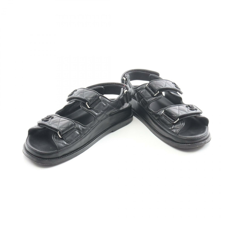 香奈兒舒適絎縫涼鞋 #37 G31848 黑色皮革 二手 女士 CC-2