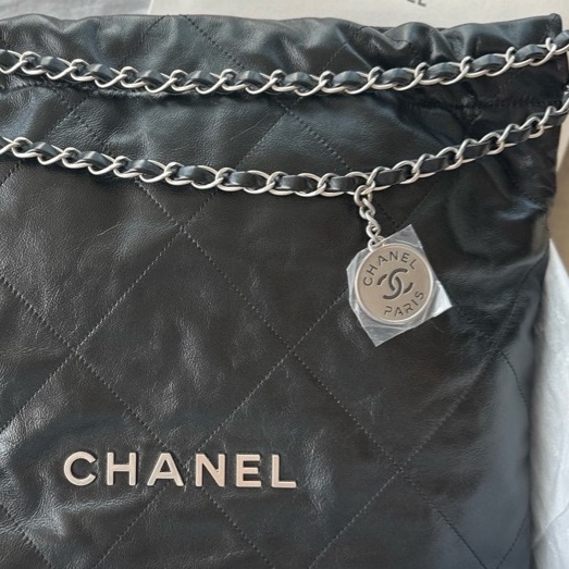 【配件：防塵袋 💕】Chanel 25P 22bag 中號 垃圾袋 黑銀 黑色 銀扣 牛皮 手提 單肩 腋下-2