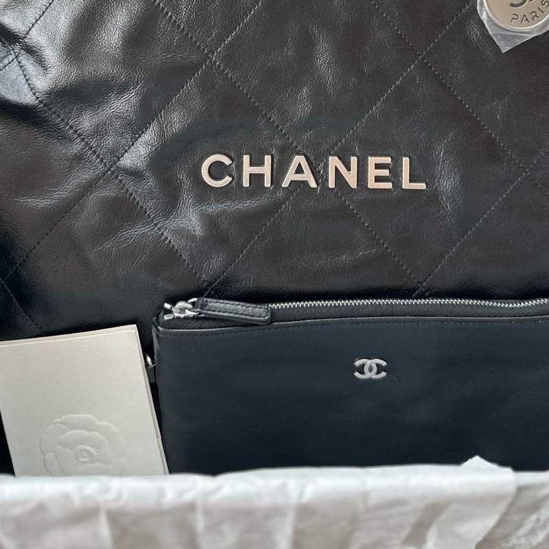 【配件：防塵袋 💕】Chanel 25P 22bag 中號 垃圾袋 黑銀 黑色 銀扣 牛皮 手提 單肩 腋下-3