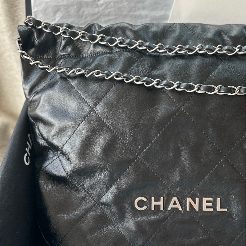 【配件：防塵袋 💕】Chanel 25P 22bag 中號 垃圾袋 黑銀 黑色 銀扣 牛皮 手提 單肩 腋下-5