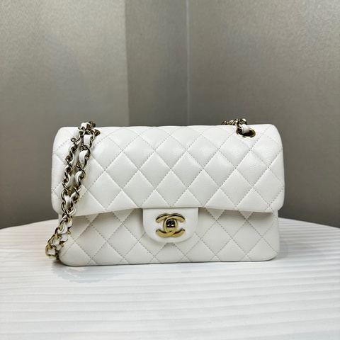98新 香奈兒/Chanel Classic Flap White Caviar 經典白色CF 菱格紋金扣魚子醬皮  鏈條單肩斜背包23x7x14cm