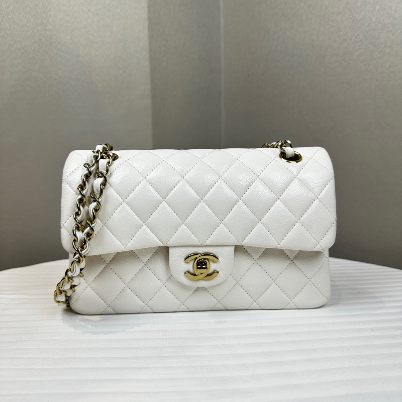 98新 香奈兒/Chanel Classic Flap White Caviar 經典白色CF 菱格紋金扣魚子醬皮 鏈條單肩斜背包23x7x14cm-0