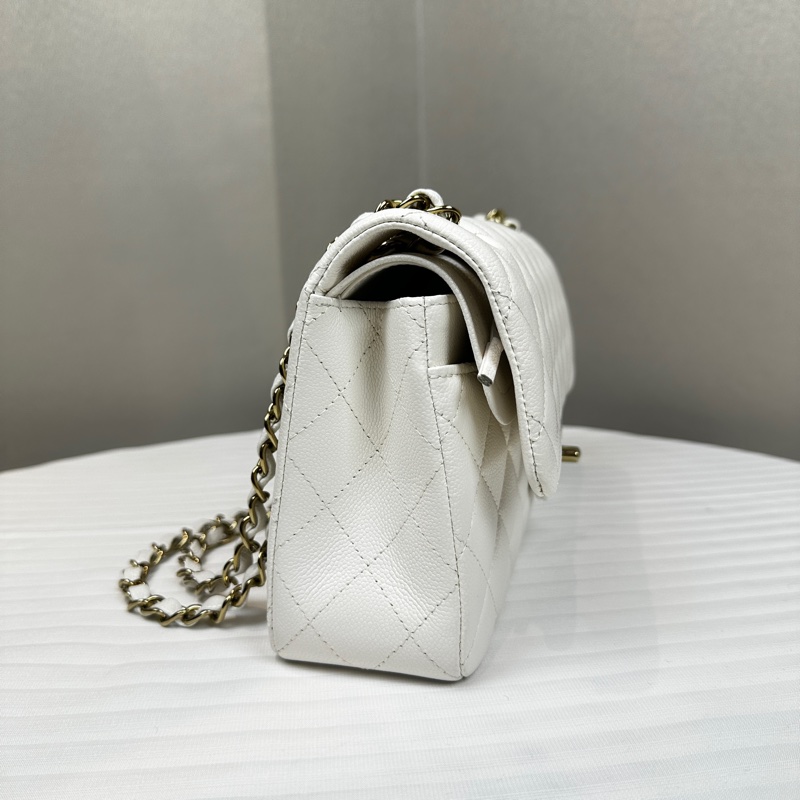 98新 香奈兒/Chanel Classic Flap White Caviar 經典白色CF 菱格紋金扣魚子醬皮 鏈條單肩斜背包23x7x14cm-2