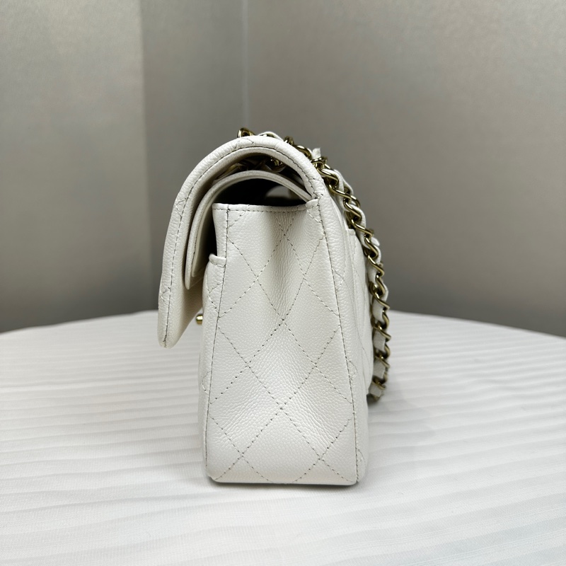 98新 香奈兒/Chanel Classic Flap White Caviar 經典白色CF 菱格紋金扣魚子醬皮 鏈條單肩斜背包23x7x14cm-3