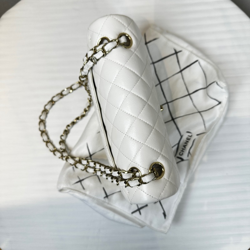 98新 香奈兒/Chanel Classic Flap White Caviar 經典白色CF 菱格紋金扣魚子醬皮 鏈條單肩斜背包23x7x14cm-4