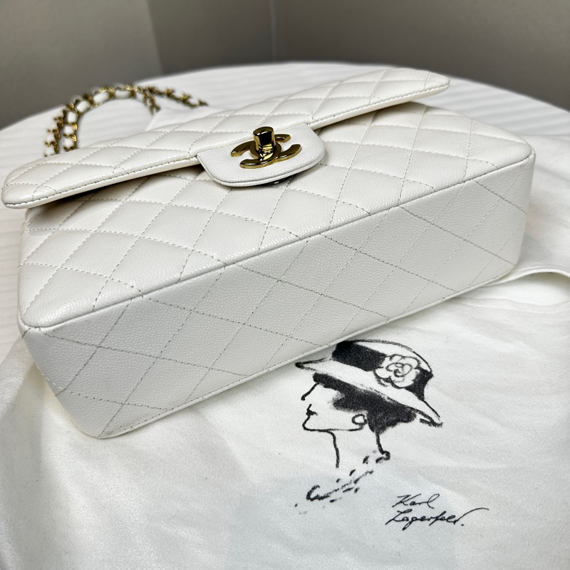 98新 香奈兒/Chanel Classic Flap White Caviar 經典白色CF 菱格紋金扣魚子醬皮 鏈條單肩斜背包23x7x14cm-5