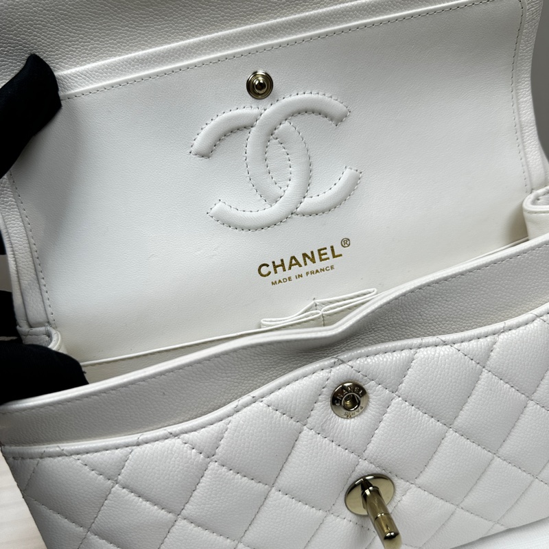 98新 香奈兒/Chanel Classic Flap White Caviar 經典白色CF 菱格紋金扣魚子醬皮 鏈條單肩斜背包23x7x14cm-12