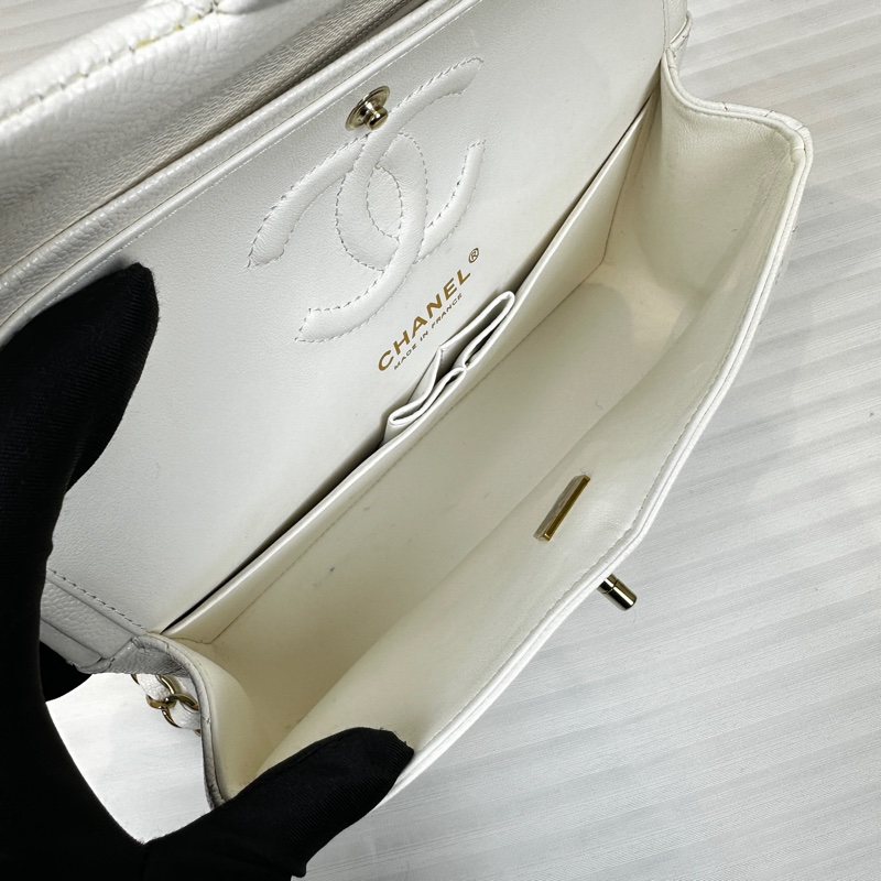 98新 香奈兒/Chanel Classic Flap White Caviar 經典白色CF 菱格紋金扣魚子醬皮 鏈條單肩斜背包23x7x14cm-13
