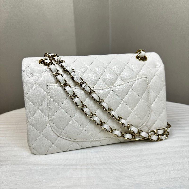 98新 香奈兒/Chanel Classic Flap White Caviar 經典白色CF 菱格紋金扣魚子醬皮 鏈條單肩斜背包23x7x14cm-14