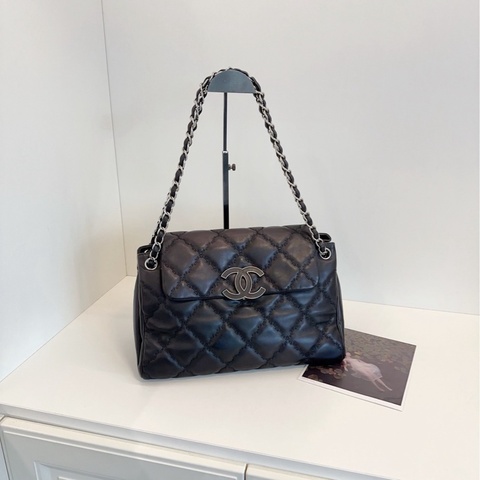 【98新🆕】Chanel 黑銀琺瑯扣大雙C翻蓋機場包 鏈條郵差包 單肩包
