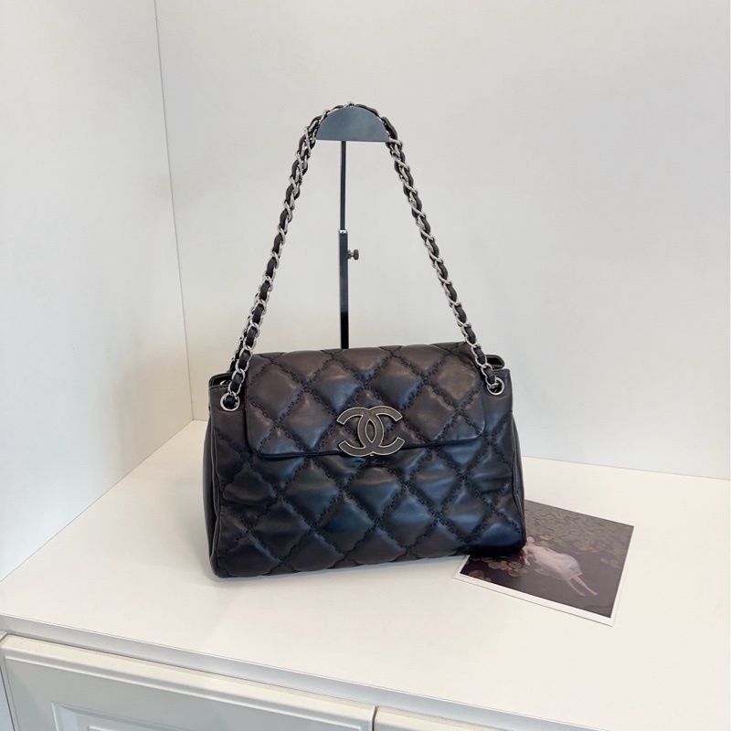 【98新🆕】Chanel 黑銀琺瑯扣大雙C翻蓋機場包 鏈條郵差包 單肩包-0