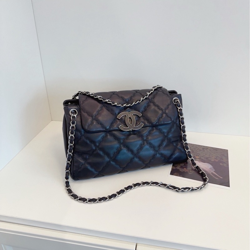 【98新🆕】Chanel 黑銀琺瑯扣大雙C翻蓋機場包 鏈條郵差包 單肩包-1