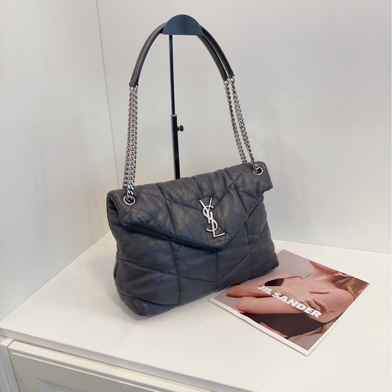 【98新🆕】YSL LouLou Purffer泡芙雲朵鏈條包 瀝青灰大號 單肩包-1