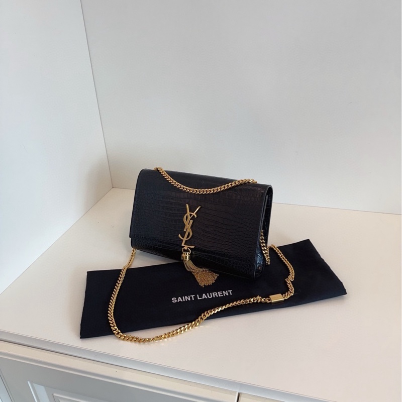 【99新閒置🆕】YSL Kate 黑金 流蘇鰐魚壓紋鏈條包 中號 單肩包-3