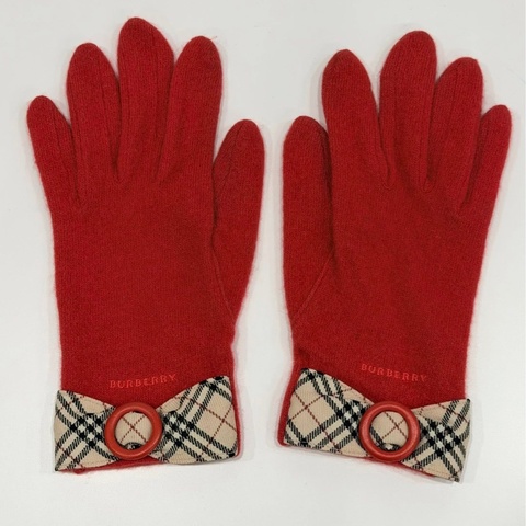 BURBERRY 扣環經典格紋字母羊毛手套 紅色