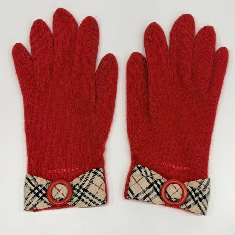 BURBERRY 扣環經典格紋字母羊毛手套 紅色-0