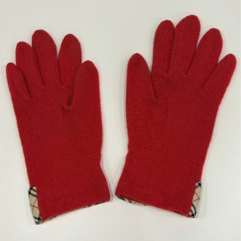 BURBERRY 扣環經典格紋字母羊毛手套 紅色-1