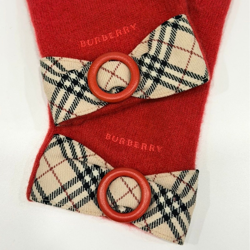 BURBERRY 扣環經典格紋字母羊毛手套 紅色-2