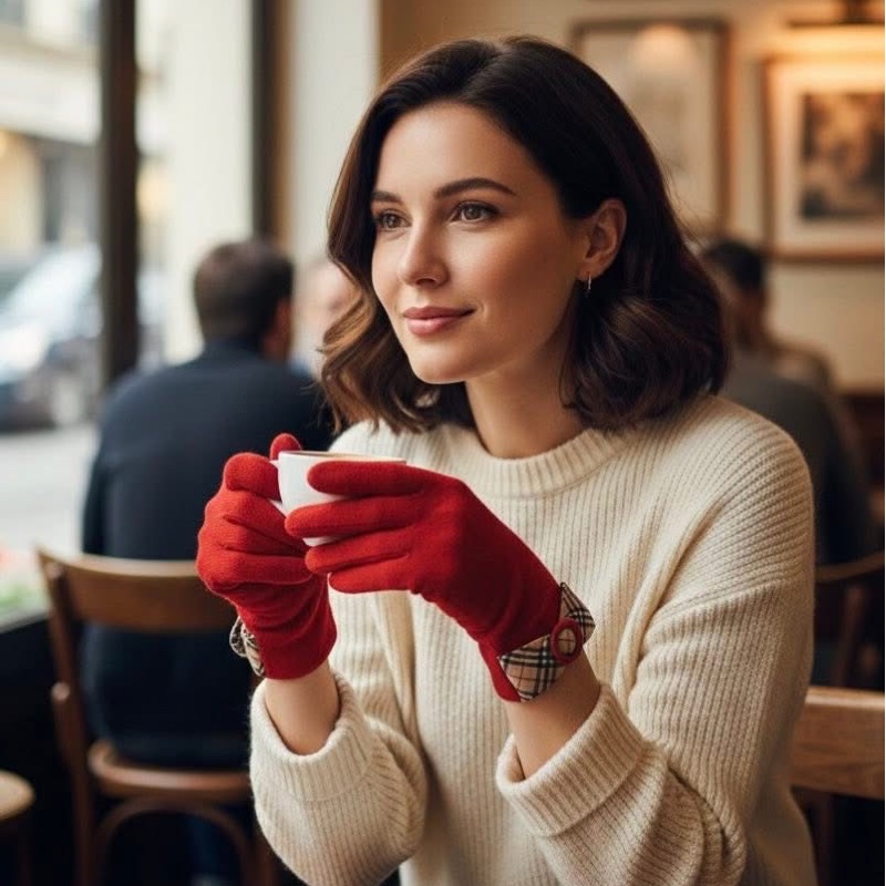 BURBERRY 扣環經典格紋字母羊毛手套 紅色-1