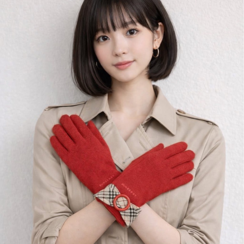 BURBERRY 扣環經典格紋字母羊毛手套 紅色-2