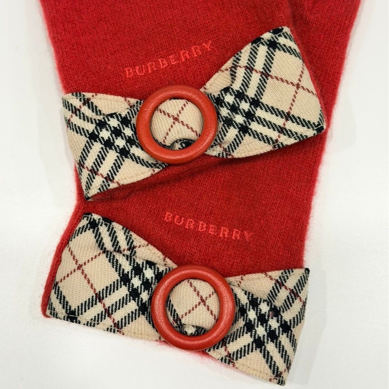 BURBERRY 扣環經典格紋字母羊毛手套 紅色-5