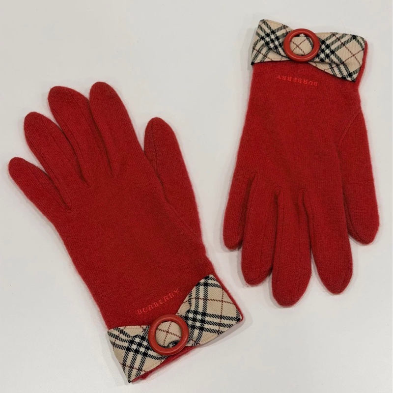 BURBERRY 扣環經典格紋字母羊毛手套 紅色-7