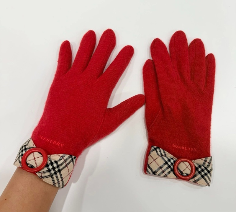 BURBERRY 扣環經典格紋字母羊毛手套 紅色-8