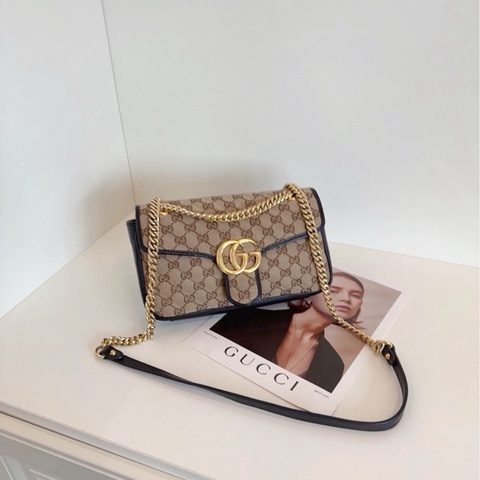 【98新🆕】Gucci 黑棕色老花帆布Marmont馬蒙26鏈條郵差包 單肩包