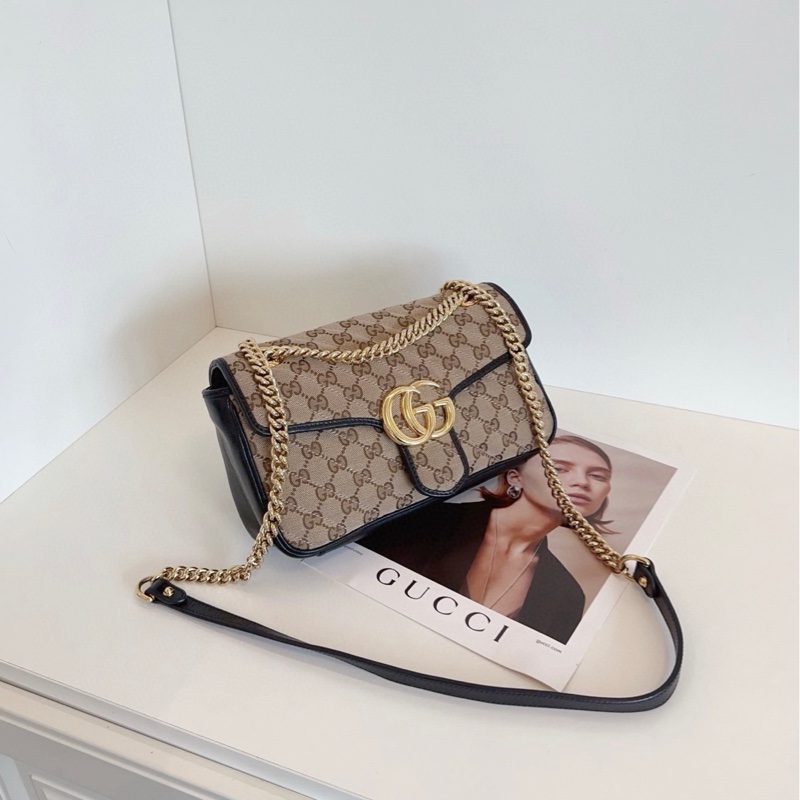 【98新🆕】Gucci 黑棕色老花帆布Marmont馬蒙26鏈條郵差包 單肩包-1