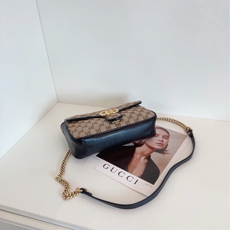 【98新🆕】Gucci 黑棕色老花帆布Marmont馬蒙26鏈條郵差包 單肩包-4