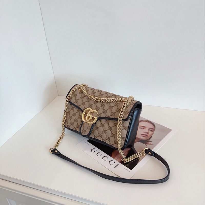 【98新🆕】Gucci 黑棕色老花帆布Marmont馬蒙26鏈條郵差包 單肩包-6