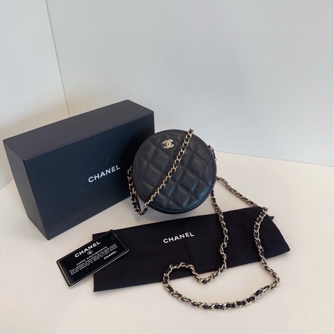 【閒置🆕帶膜 】Chanel  黑金荔枝牛皮小圓餅 鏈條包 斜挎包