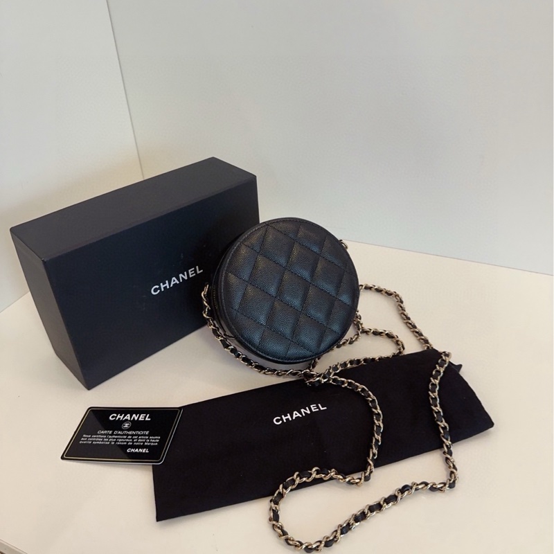 【閒置🆕帶膜 】Chanel  黑金荔枝牛皮小圓餅 鏈條包 斜挎包-1