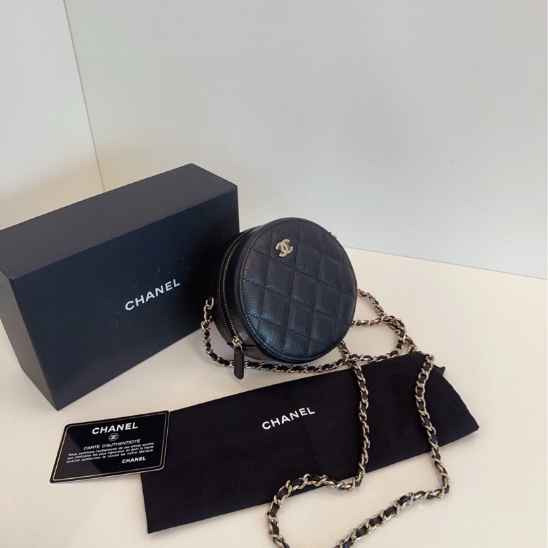 【閒置🆕帶膜 】Chanel  黑金荔枝牛皮小圓餅 鏈條包 斜挎包-2