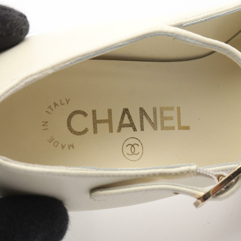 香奈兒 COCO 標誌高跟鞋 #35 皮革織物鑲鑽白色 BK 二手-4