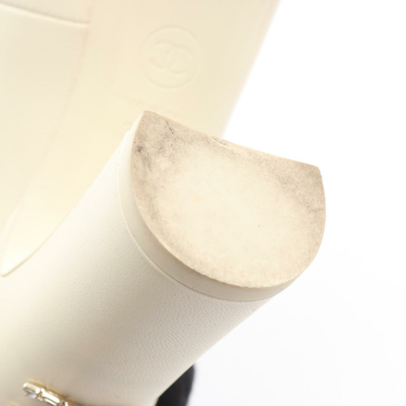 香奈兒 COCO 標誌高跟鞋 #35 皮革織物鑲鑽白色 BK 二手-8