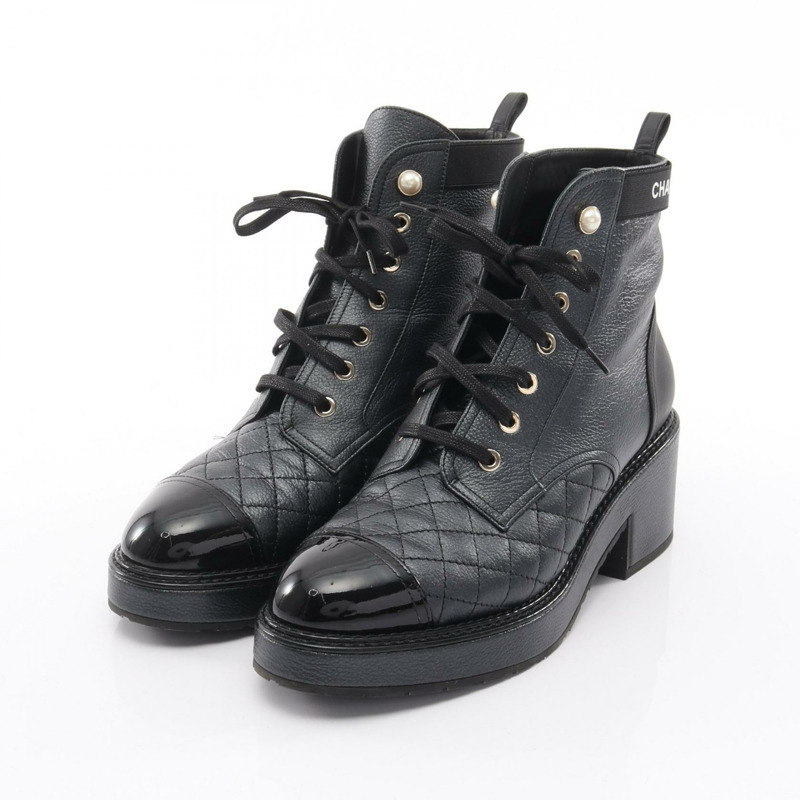 香奈兒短靴 #38 1/2 G38514Y5558494305 皮革 漆皮 人造珍珠 CC-0