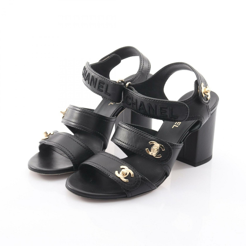 香奈兒 COCO 標誌高跟涼鞋 #37 G37387 黑色皮革二手女款 CC-0