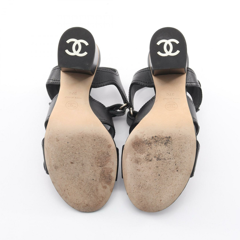 香奈兒 COCO 標誌高跟涼鞋 #37 G37387 黑色皮革二手女款 CC-3