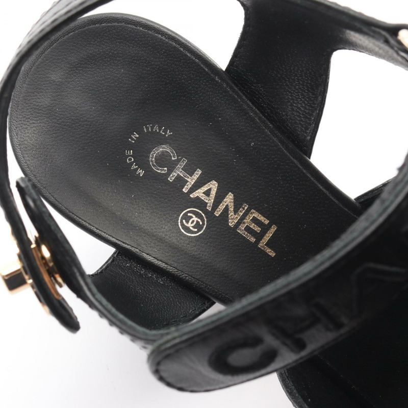 香奈兒 COCO 標誌高跟涼鞋 #37 G37387 黑色皮革二手女款 CC-4