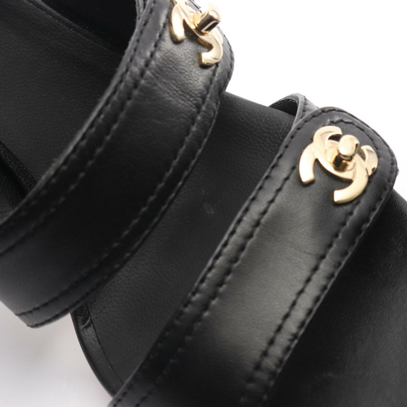 香奈兒 COCO 標誌高跟涼鞋 #37 G37387 黑色皮革二手女款 CC-7