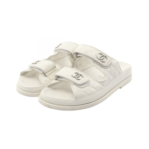 香奈兒 (CHANEL) 絎縫 COCO 標誌涼鞋 #37 G45507 白色皮革 二手 女士 CC