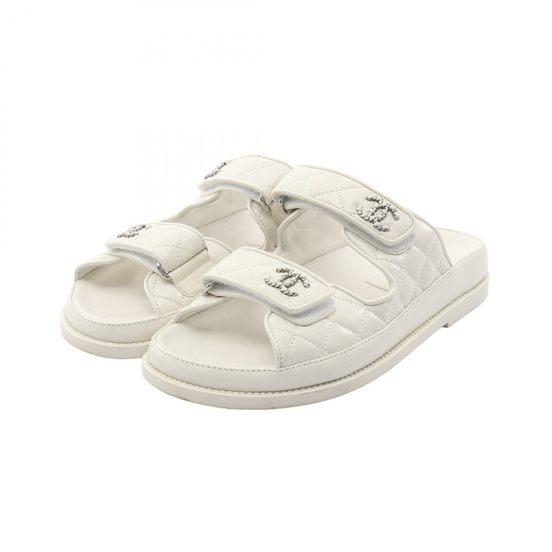 香奈兒 (CHANEL) 絎縫 COCO 標誌涼鞋 #37 G45507 白色皮革 二手 女士 CC-0