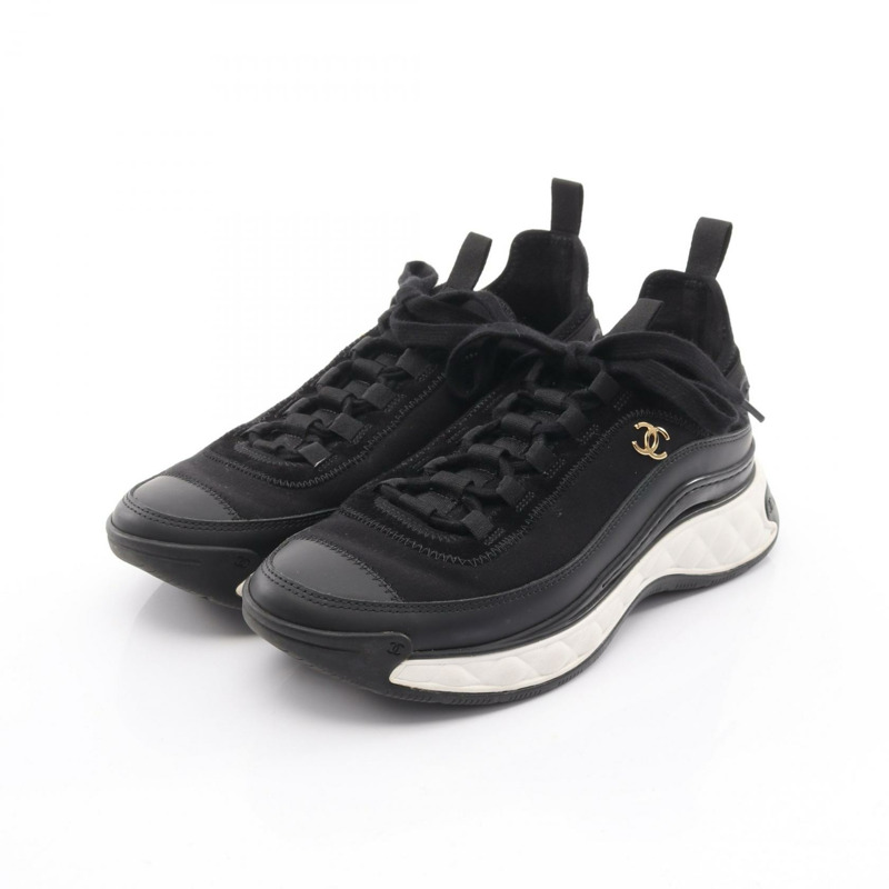 香奈兒 COCO 標誌運動鞋 #38 G35617 皮革/絨面革布料 黑色 二手 女款-0