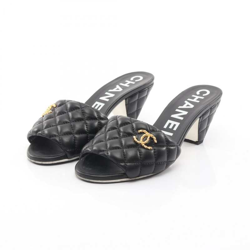 香奈兒 (CHANEL) 絎縫 COCO 標誌高跟涼鞋 #37 G38820 黑色皮革二手 CC-0