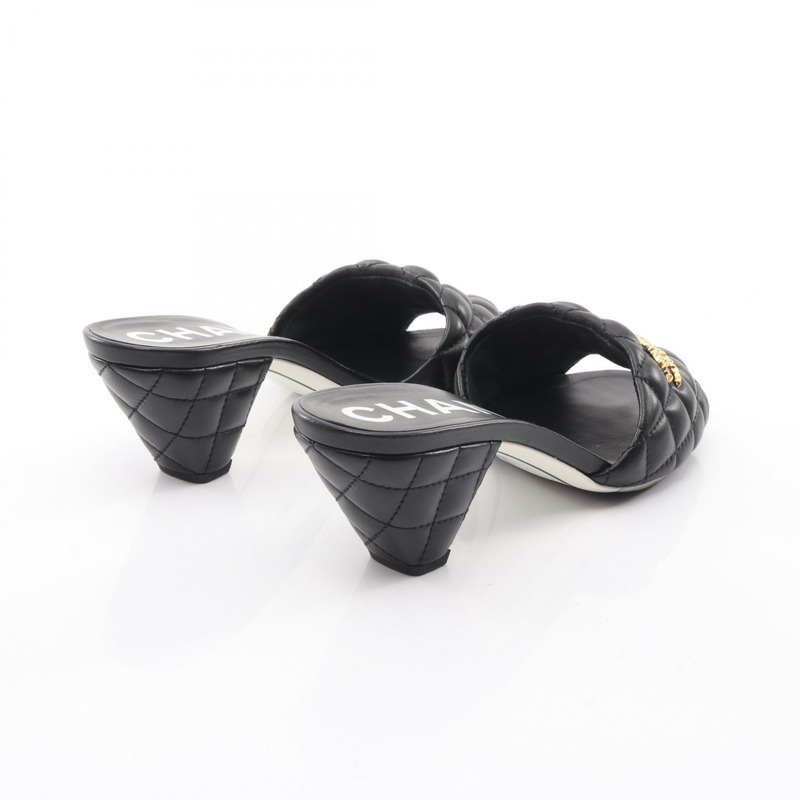 香奈兒 (CHANEL) 絎縫 COCO 標誌高跟涼鞋 #37 G38820 黑色皮革二手 CC-1
