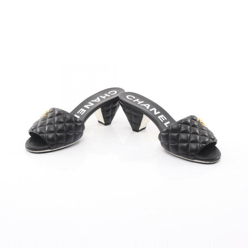香奈兒 (CHANEL) 絎縫 COCO 標誌高跟涼鞋 #37 G38820 黑色皮革二手 CC-2